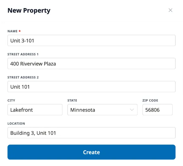 The New Property form showing name, street address, city, state, ZIP code, location fields, and the Create button.