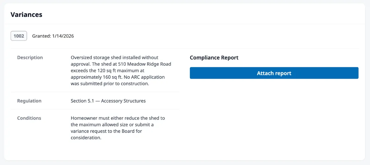 The Variances card showing a variance with its ID, granted date, description, regulation, and conditions.