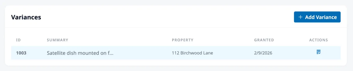 The Variances card on a property page showing a variance with ID, summary, property, granted date, and the Add Variance button.