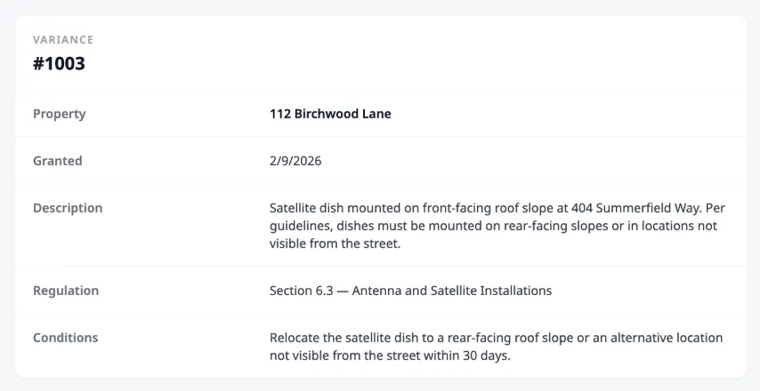 The variance detail page showing the variance ID, property, granted date, description, regulation, and conditions.