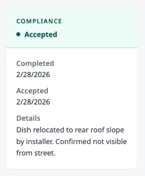 The compliance sidebar showing the Accepted status with completion date, acceptance date, and details from the property owner.