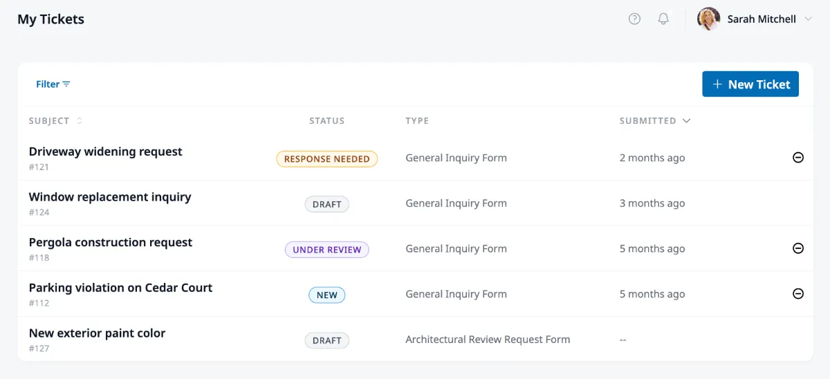The My Tickets page showing submitted tickets with subject, status badges, form type, and submission dates.