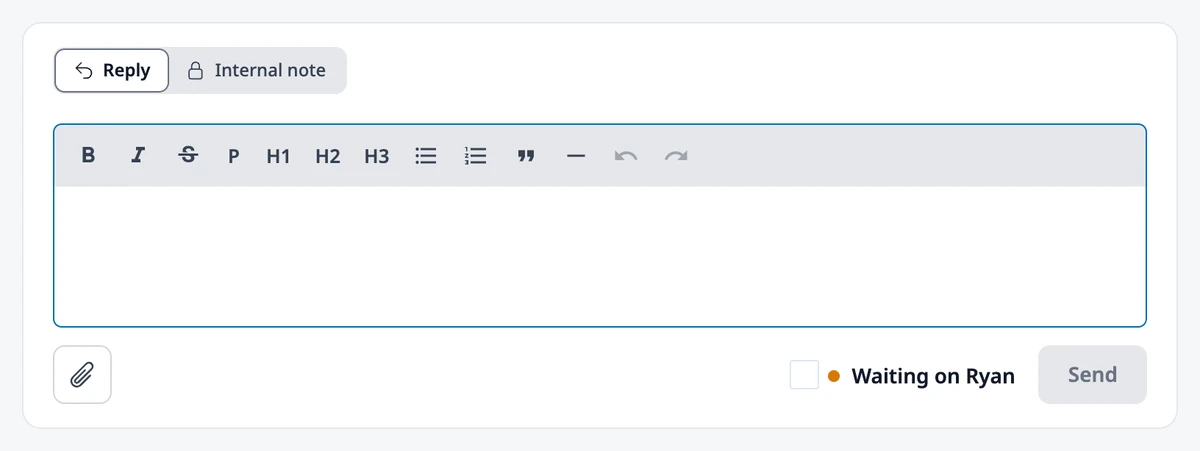 The message box with the Reply and Internal note switch, the Waiting on checkbox, and the Send button.