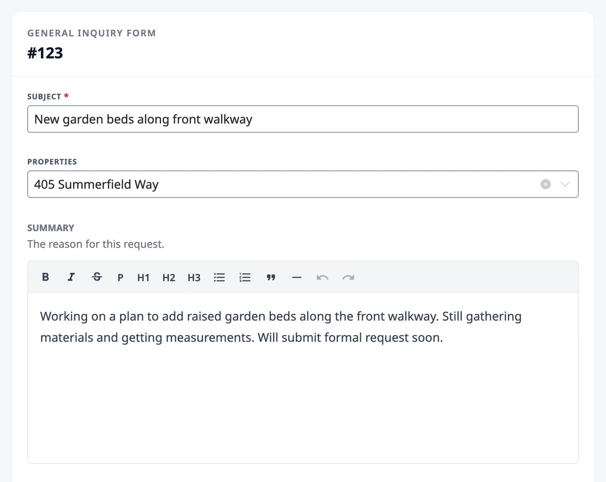 A draft request with its Subject, Properties, and Summary.