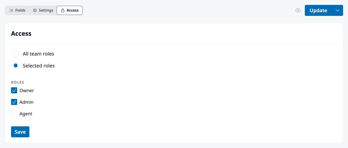 The Access view with Selected roles chosen and the Roles list, where Owner and Admin are checked and can’t be cleared.