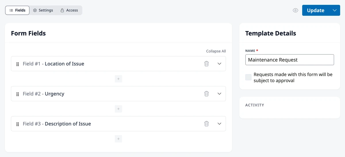 The form editor’s Fields view with form fields on the left and the Template Details card on the right.