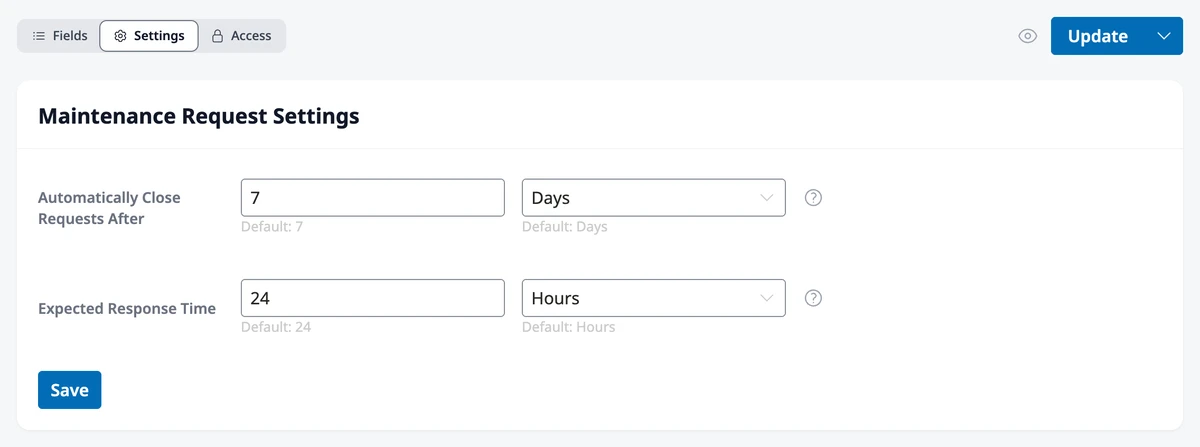 The Settings view of a form that needs no approval, with Automatically Close Requests After, Expected Response Time, and the Save button.