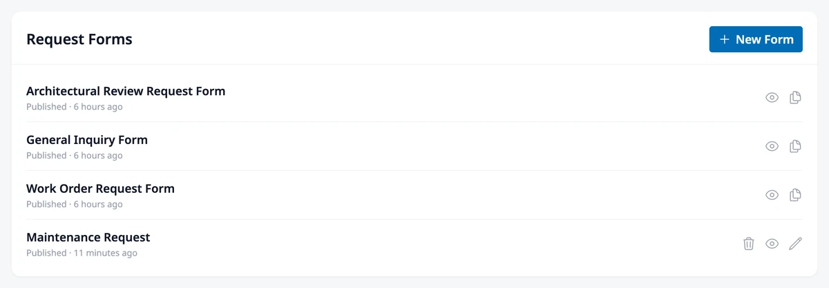 The Request Forms page listing the forms with their status, and the New Form button.