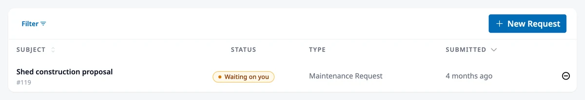 The My Requests page with the Filter button, the New Request button, and requests with their status, type, and submitted date.