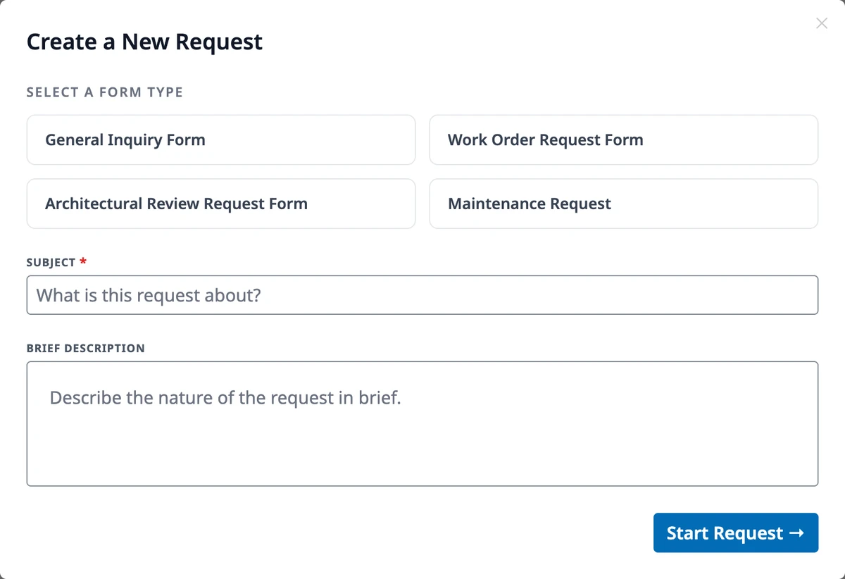 The Create a New Request dialog with the form type picker, Subject, and Brief description.
