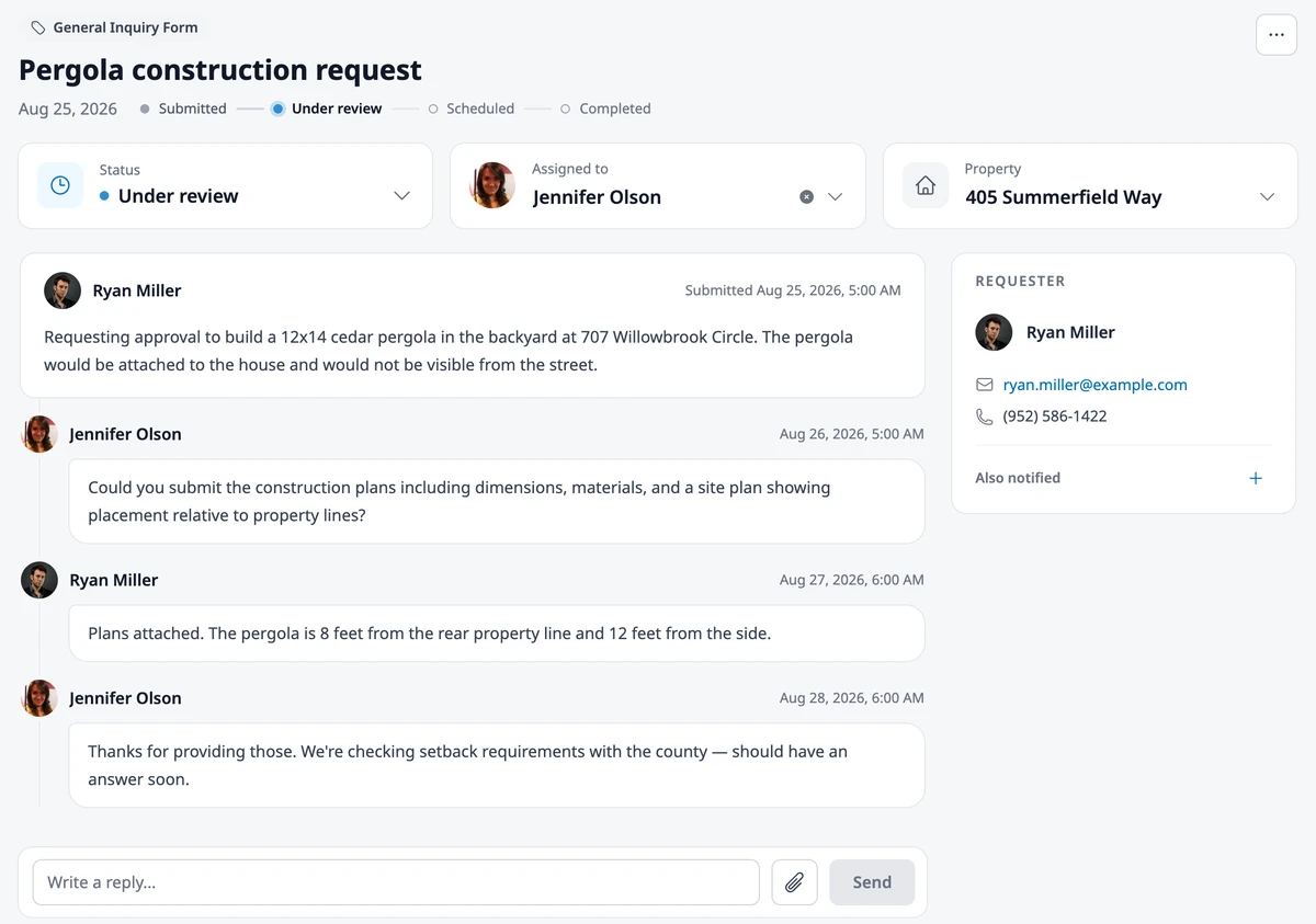 A request in the Inbox, showing the steps, the Status, Assigned to, and Property cards, the requester card, and the conversation.