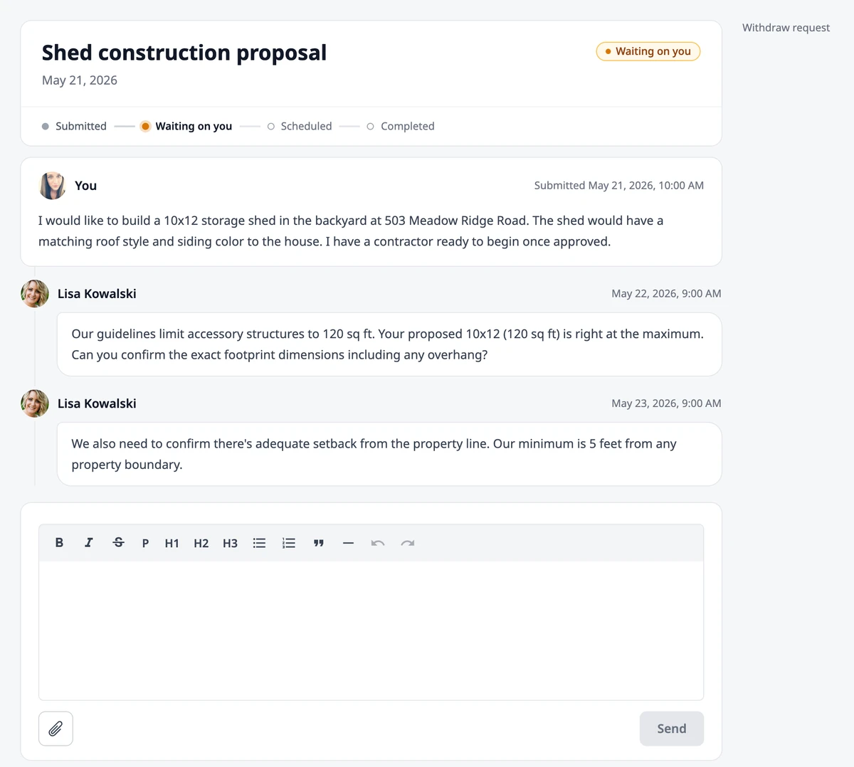 A request waiting on the requester, showing the steps, the conversation, the reply box with the Send button, and the Withdraw request link.