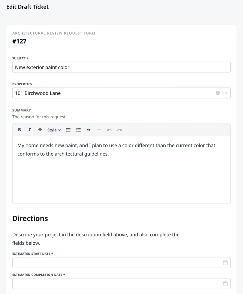 The ticket draft form showing the subject, property selector, rich text summary, and custom form fields.