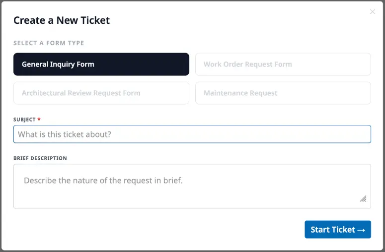 The Create a New Ticket modal showing form type selection, subject field, and brief description field.