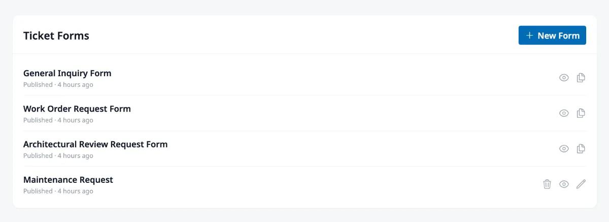 The Ticket Forms page listing four forms with the New Form button.