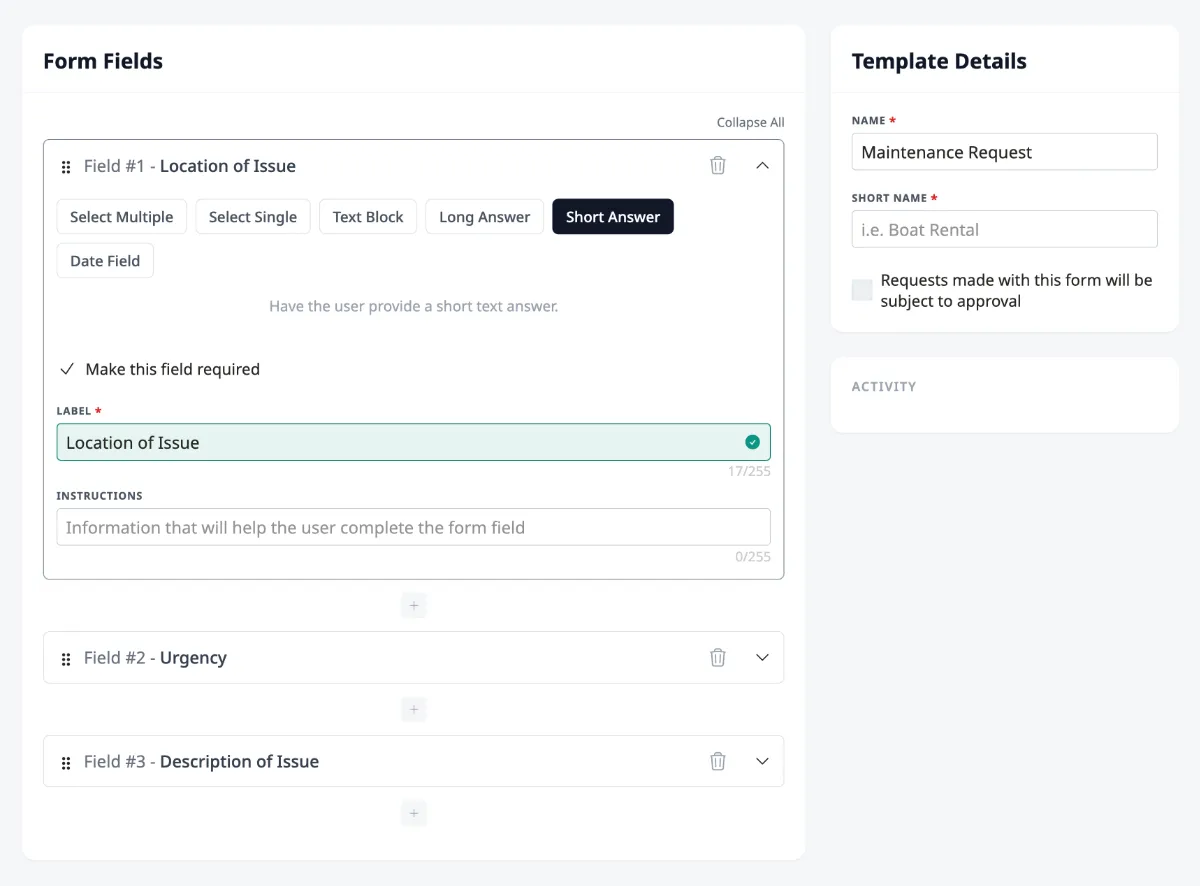 The form editor Fields tab showing form fields with field type selectors, labels, and instructions, plus the Template Details sidebar with Name, Short Name, and approval checkbox.