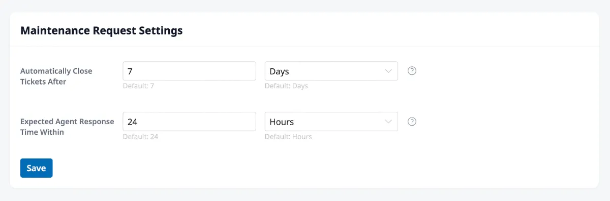 The Settings tab showing automation settings with number inputs and interval dropdowns, with default values shown below each field.