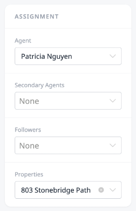 The ticket management sidebar showing the Assignment card with Agent, Secondary Agents, Followers, and Properties fields.
