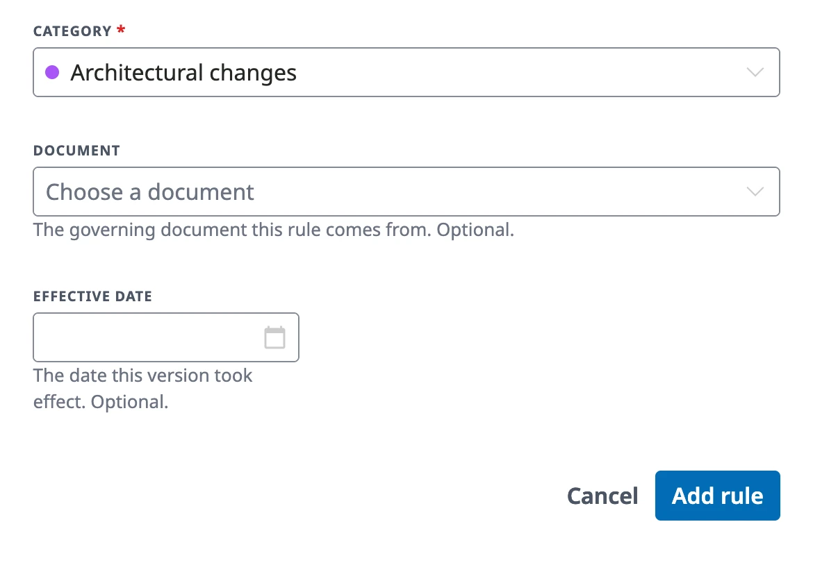 The bottom of the Add rule drawer with the Category, Document, and Effective date fields and the Add rule button.