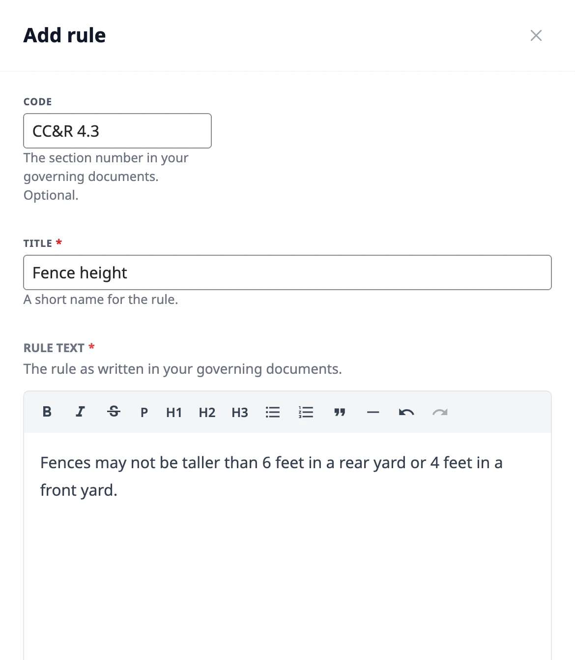 The top of the Add rule drawer with the Code, Title, and Rule text fields filled in.