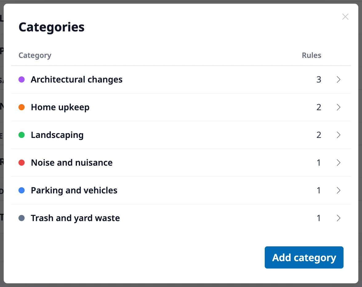 The Categories window listing each category with its color and number of rules, and the Add category button.