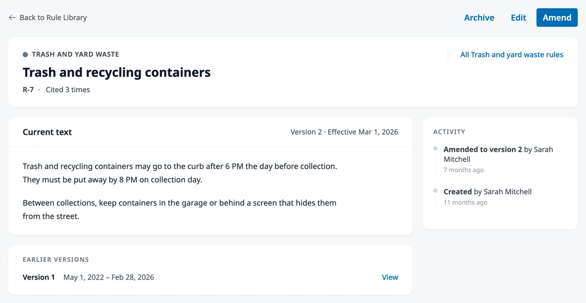 A rule’s page with its category, code, citation count, current text, earlier versions, and activity log.