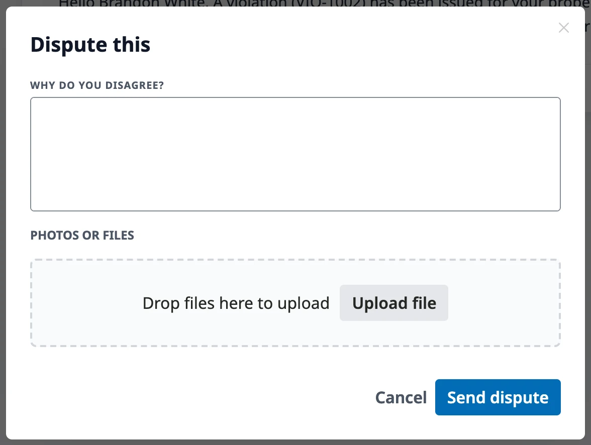 The Dispute this window with the Why do you disagree? field, the Photos or files drop zone, and the Send dispute button.