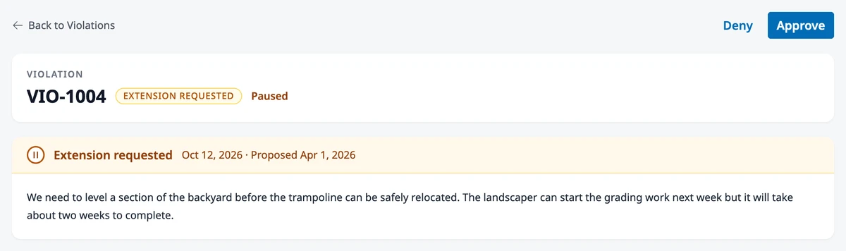 A violation with the Deny and Approve buttons and the Extension requested card showing the homeowner’s reason and proposed date.