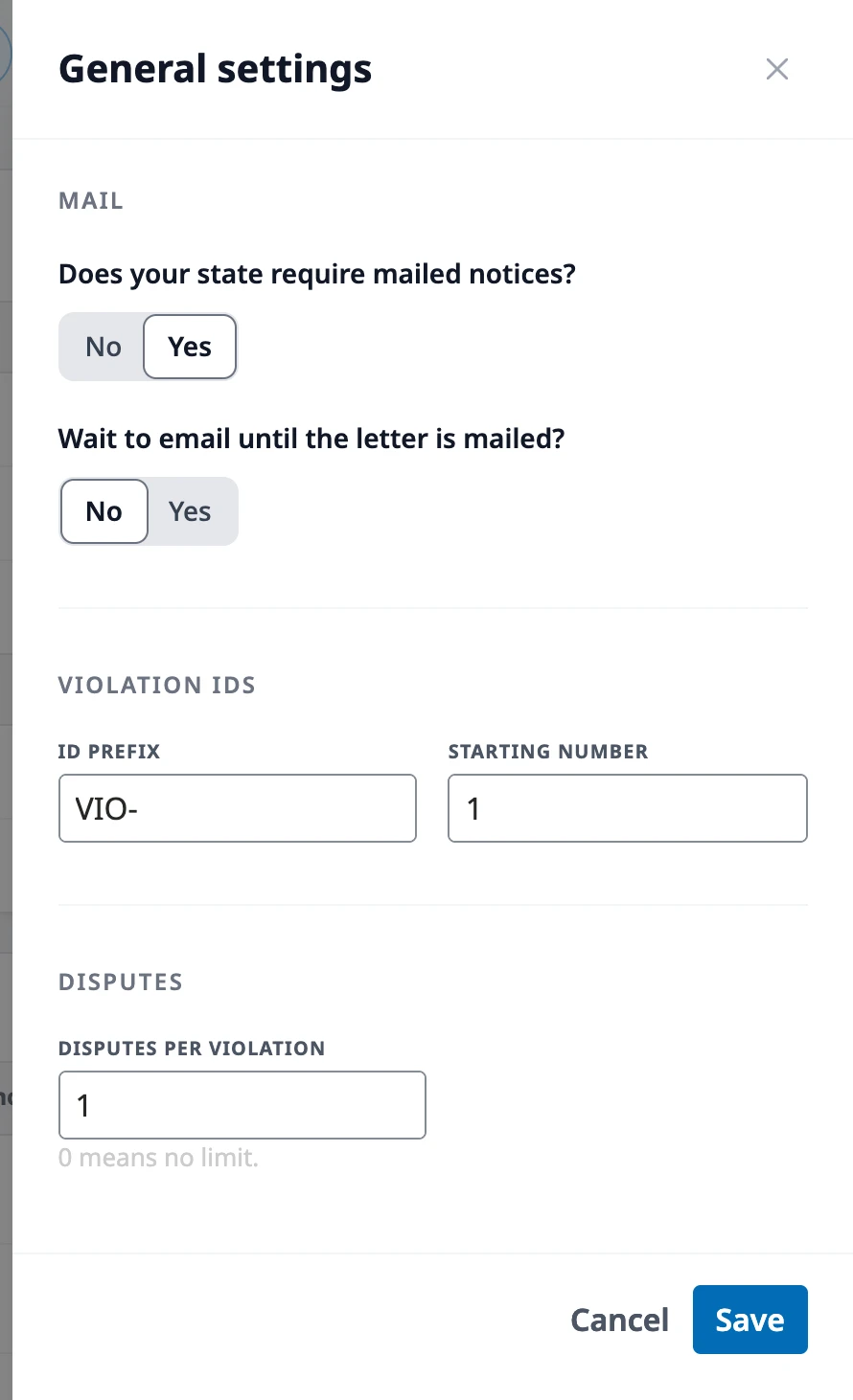 The General settings drawer with Yes chosen for Does your state require mailed notices?, the Wait to email until the letter is mailed? question, the ID prefix and Starting number, and Disputes per violation.
