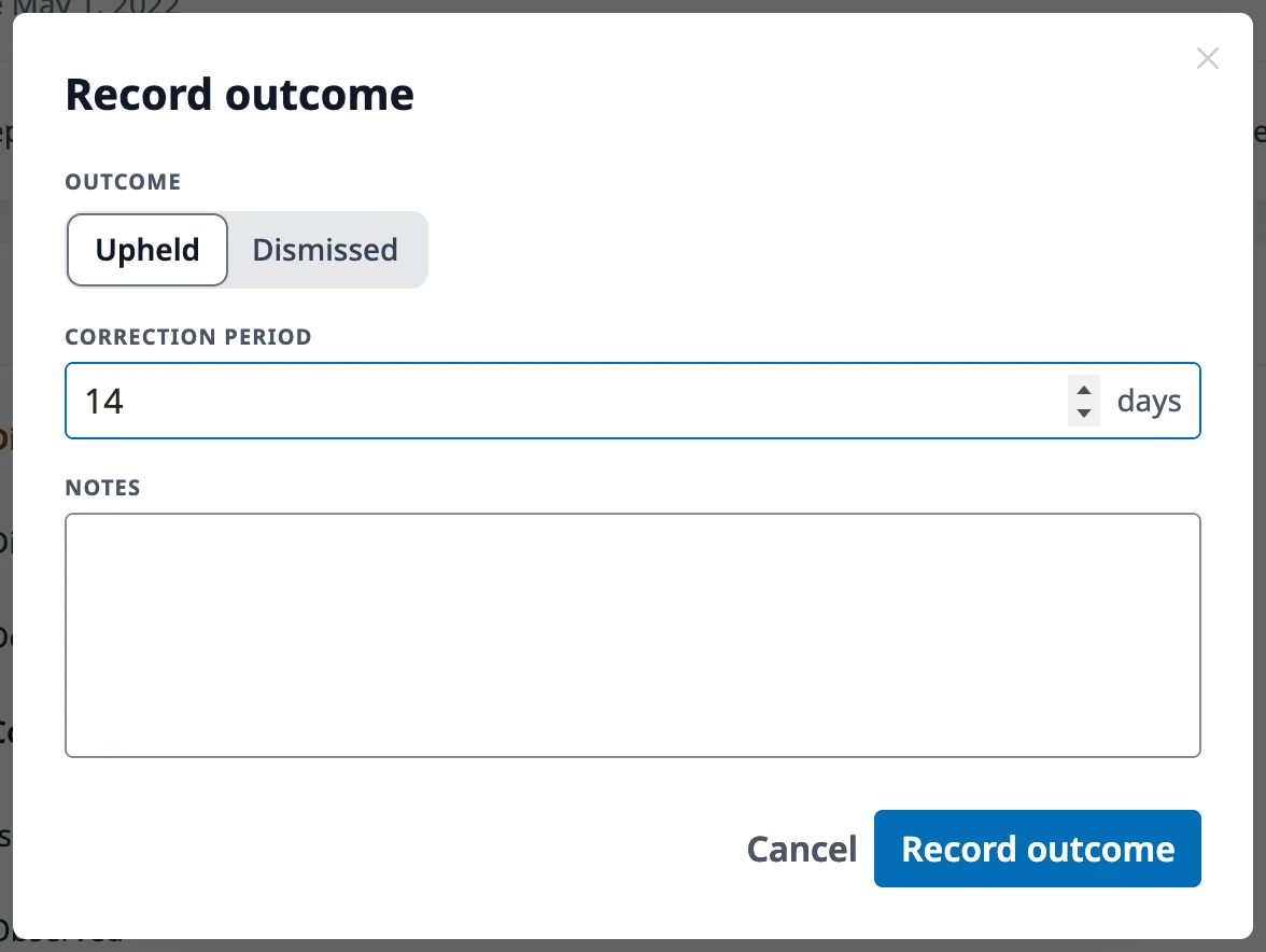 The Record outcome window with the Upheld and Dismissed choices and the Correction period in days.