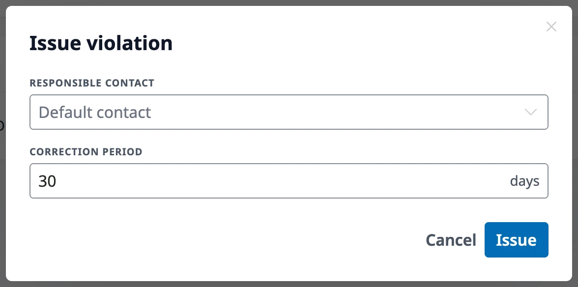 The Issue violation window with the Responsible contact choice and the Correction period in days.