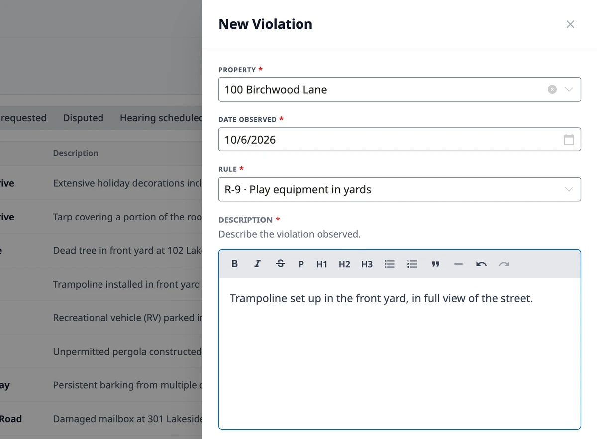 The New Violation drawer with a property, the date observed, and a rule chosen and a description typed in.