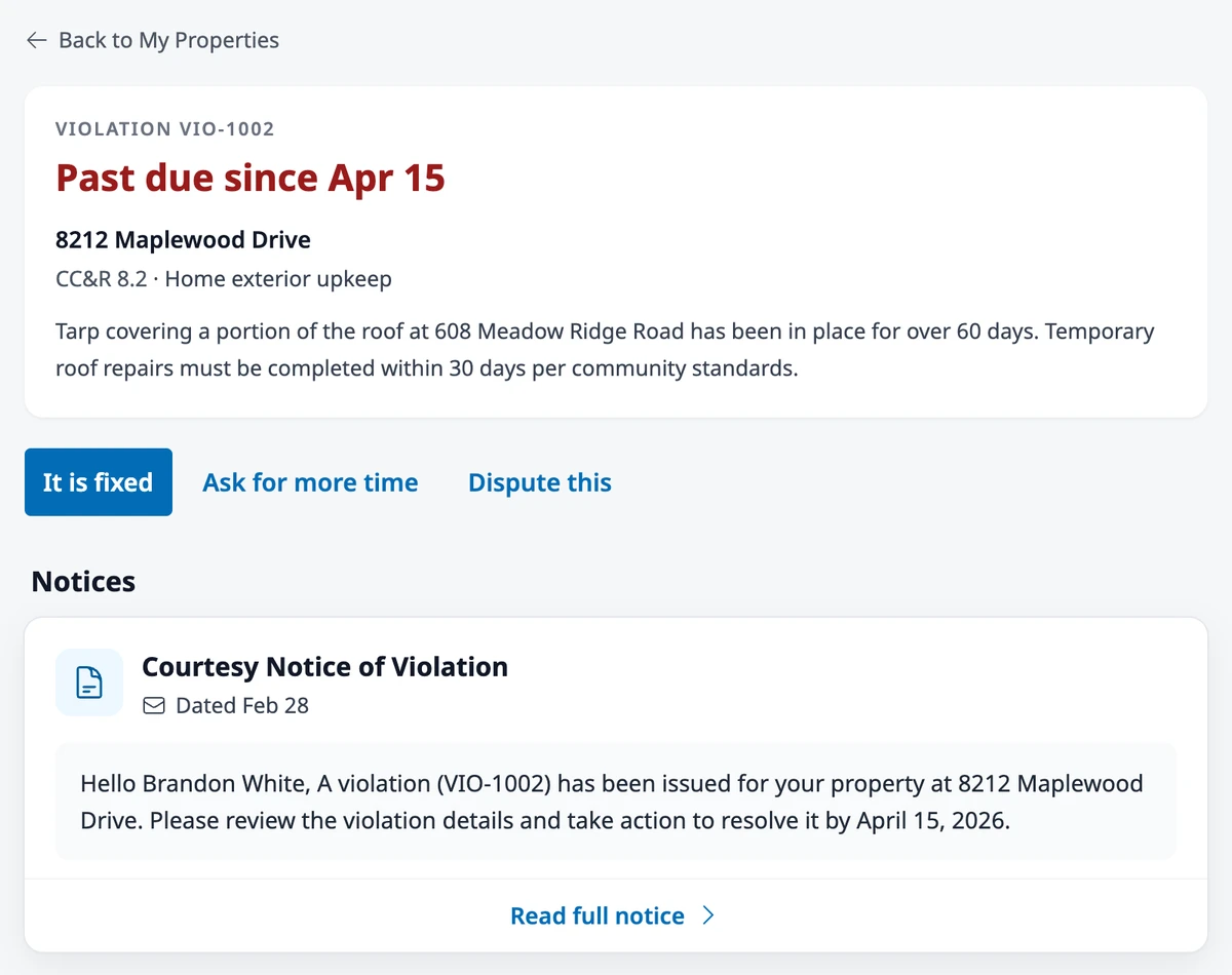 The resident’s violation page with the rule, the description, the deadline, the It is fixed, Ask for more time, and Dispute this buttons, and the latest notice.