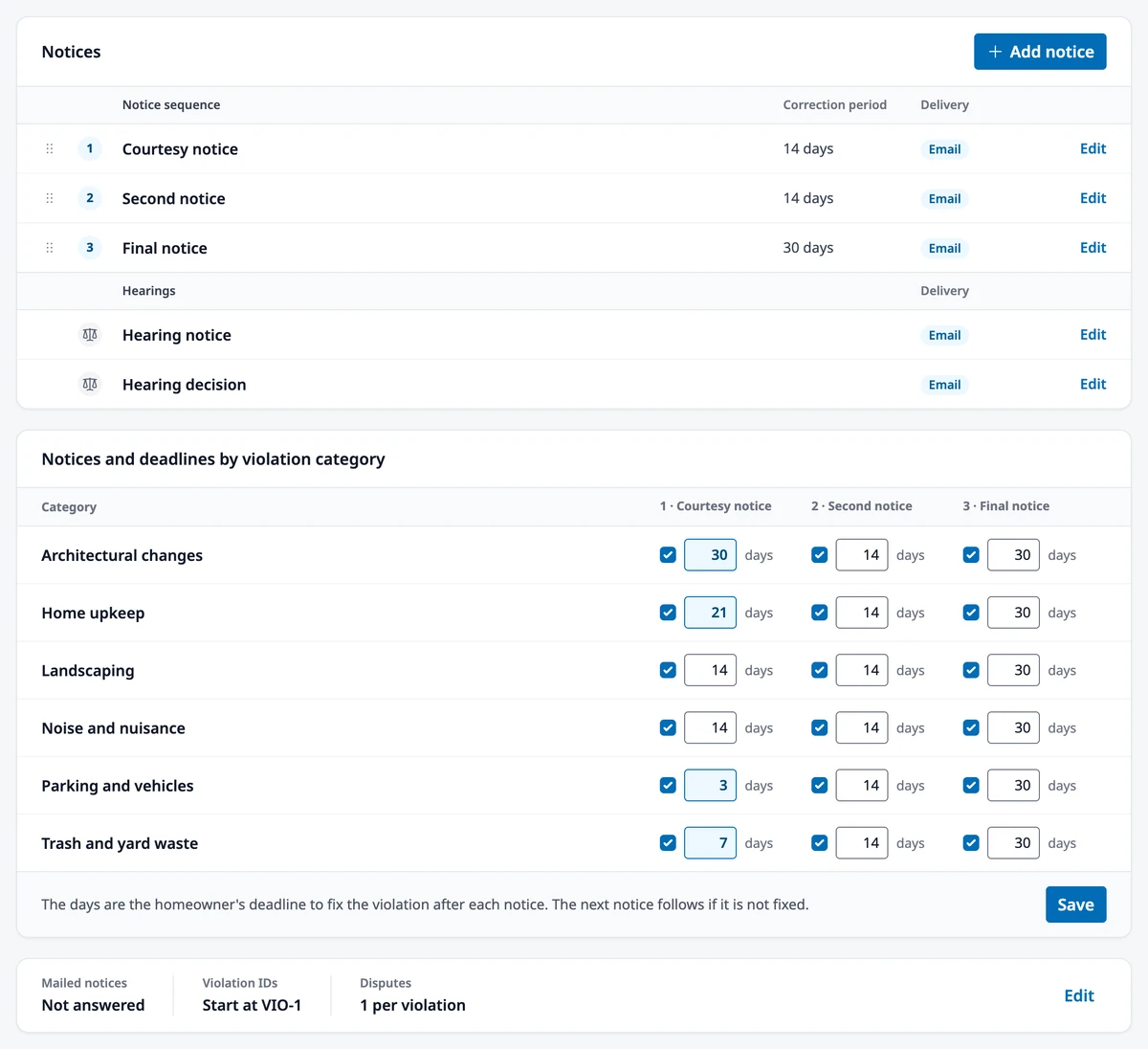The Violation settings page with the Notices list, the Notices and deadlines by violation category grid, and the general settings.